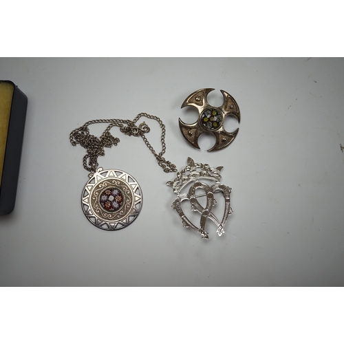 901 - Two modern Caithness silver brooches/pendants, 39mm and 38mm and a silver cloak pin. Condition - goo... 