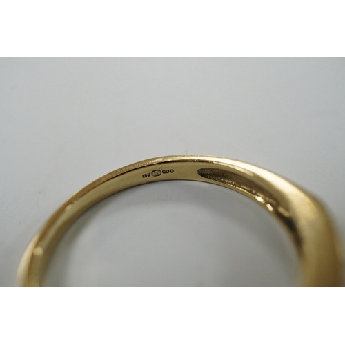 908 - A modern 9ct gold and channel set sapphire and diamond set half hoop ring, size N/O, gross weight 2.... 