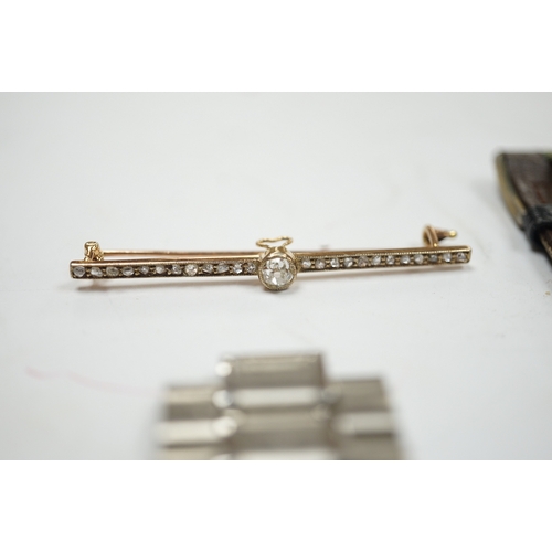 910 - An early 20th century yellow metal and diamond cluster set bar brooch, 45mm, together with two 9ct g... 