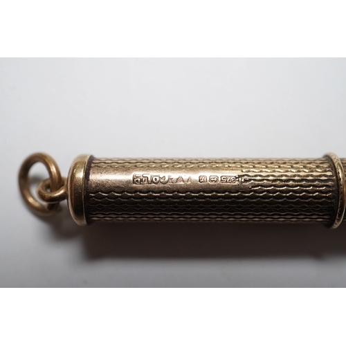 912 - A 1960's 9ct gold cased propelling toothpick, by Asprey & Co Ltd, 48mm. Condition - fair to good... 