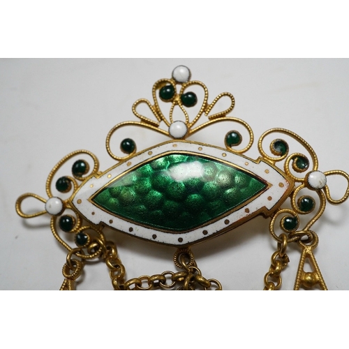 914 - An Art Nouveau style gilt metal and three colour enamel set drop pendant, 90mm. Condition - fair to ... 