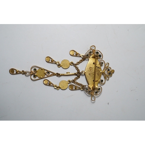 914 - An Art Nouveau style gilt metal and three colour enamel set drop pendant, 90mm. Condition - fair to ... 