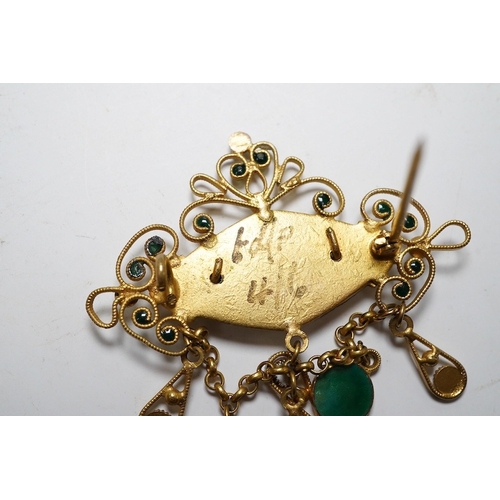 914 - An Art Nouveau style gilt metal and three colour enamel set drop pendant, 90mm. Condition - fair to ... 