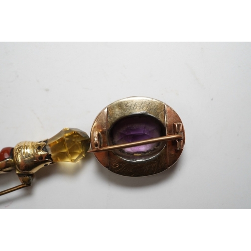 915 - An early 20th century yellow metal, gem and Scottish hardstone set dirk brooch, 55mm, together with ... 