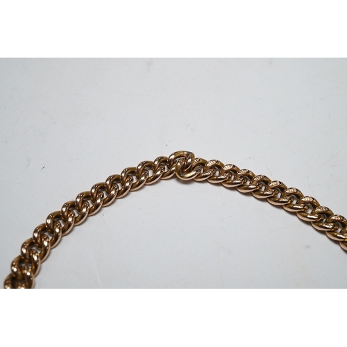 926 - A 9ct god curb link bracelet, with heart shaped padlock clasp, 18cm, 13.8 grams. Condition - fair to... 