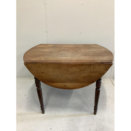 93 - A large 19th century French cherry drop leaf dining table, width 112cm, 142cm extended, height 73cm.... 