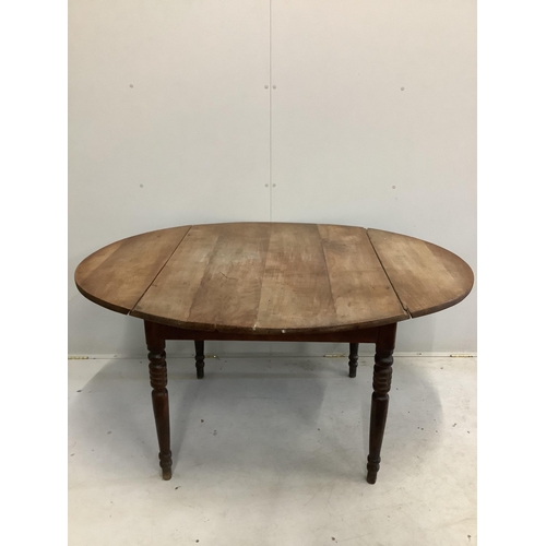 93 - A large 19th century French cherry drop leaf dining table, width 112cm, 142cm extended, height 73cm.... 