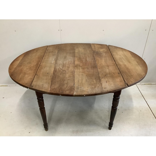 93 - A large 19th century French cherry drop leaf dining table, width 112cm, 142cm extended, height 73cm.... 