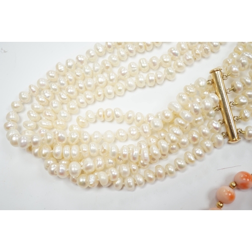 933 - A modern five strand baroque pearl choker necklace with 14k clasp, 36cm, a single strand cultured pe... 