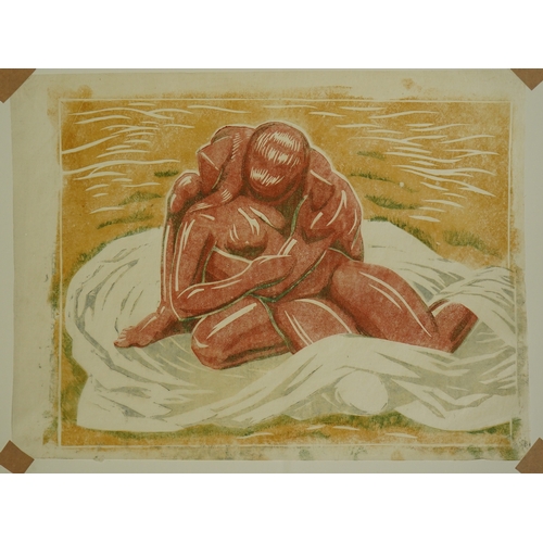 101 - § § Margaret Barnard (British, 1900-1992) Lovers, c.1930linoleum cut printed in colours on tissue-th... 