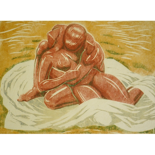 101 - § § Margaret Barnard (British, 1900-1992) Lovers, c.1930linoleum cut printed in colours on tissue-th... 