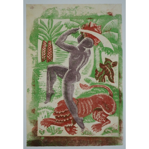 102 - § § Margaret Barnard (British, 1900-1992) The Lion Slayerlinoleum cut printed in colours on tissue-t... 