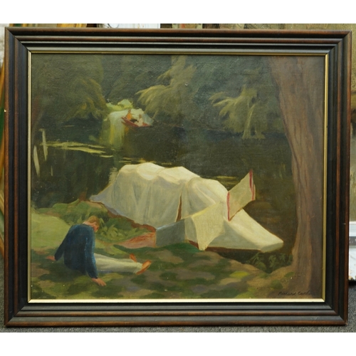 110 - § § Richard Carline (English, 1896-1980) 'River Camp'oil on canvassigned45 x 54cm... 