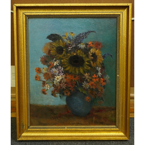 113 - James Bolivar Manson (English, 1879-1945) Still life of sunflowers and other blooms in a blue vaseoi... 