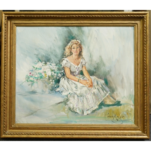 186 - Gordon King (English, 1939-2022) Young woman seated in a white dressoil on canvassigned49 x 59cm... 