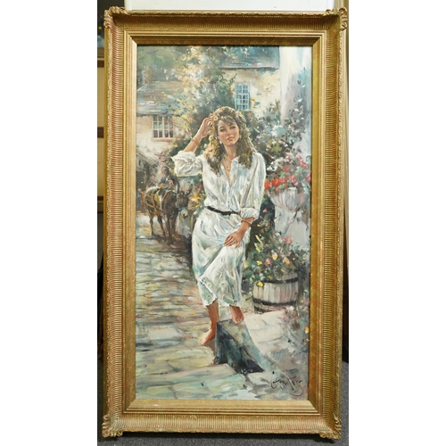 187 - § § Gordon King (English, 1939-2022) Woman standing on a terrace, a donkey beyondoil on canvassigned... 