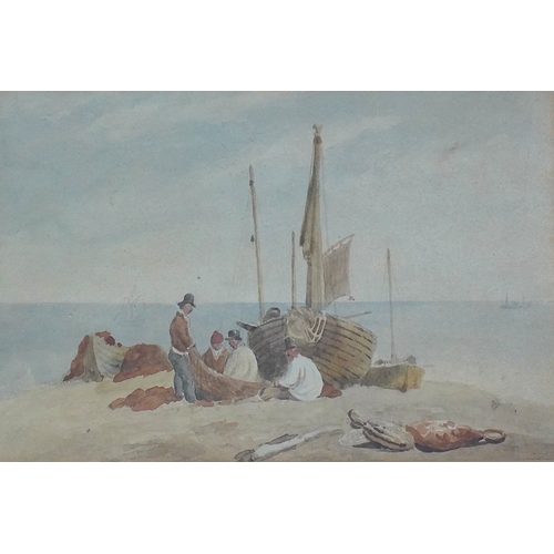 20 - Frederick Nash (British, 1782-1856) Fishermen and boats on Brighton beachwatercolours, a pairsigned ... 