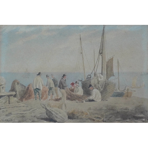 20 - Frederick Nash (British, 1782-1856) Fishermen and boats on Brighton beachwatercolours, a pairsigned ... 