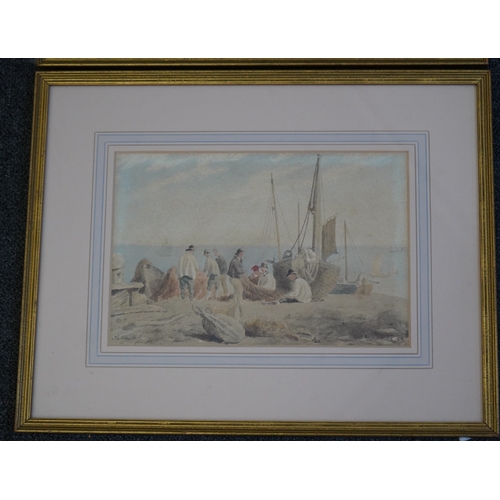 20 - Frederick Nash (British, 1782-1856) Fishermen and boats on Brighton beachwatercolours, a pairsigned ... 