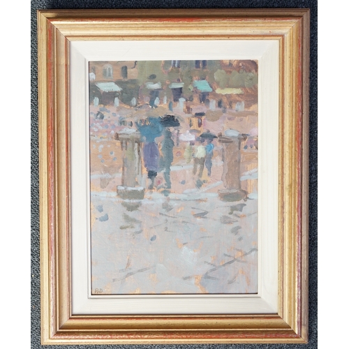 216 - § § Bernard Dunstan R.A.(1920-2017) 'The Campo, Rainy Day',oil on boardinitialled, dated '74 and tit... 