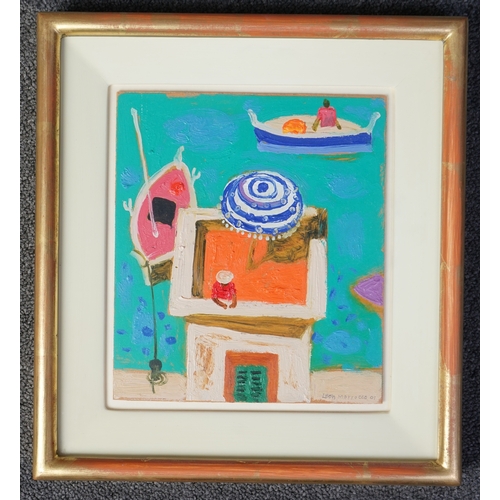 225 - § § Leon Morrocco R.S.A., R.G.I. (Scottish, b.1942) Figure on a tower, boats beyondoil on boardsigne... 