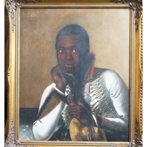 23 - Early 19th century English School Portrait of a black bandsman in uniform wearing the Waterloo medal... 