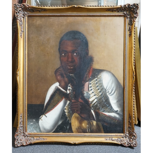 23 - Early 19th century English School Portrait of a black bandsman in uniform wearing the Waterloo medal... 