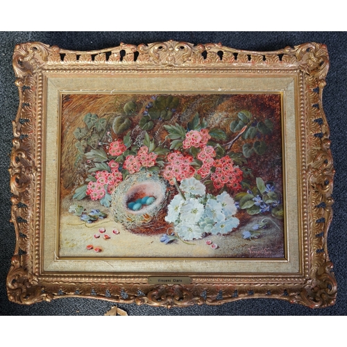 41 - Vincent Clare (British, 1855-1930) Still life of birds nest, blossom and violetsoil on canvassigned2... 