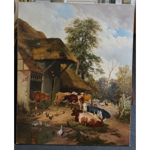 46 - Thomas Sidney Cooper (British, 1803-1902) and Studio Farmyard scene with cattle and poultryoil on ca... 