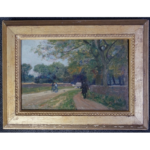 67 - Sir Alfred Edward East (English, 1844-1913) Figures in parklandoil on panelsigned16 x 24cm... 