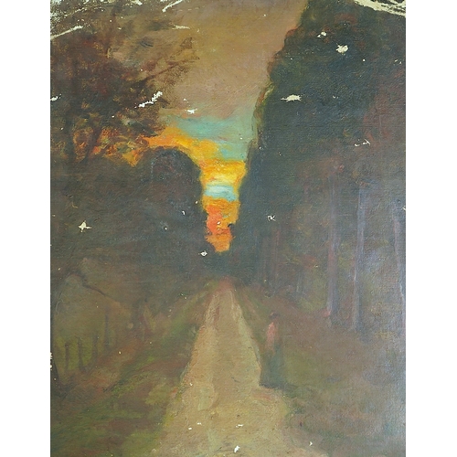 95 - Albert de Belleroche (English, 1864-1944) Wooded path at sunset and Forest at night (3)oil on canvas... 