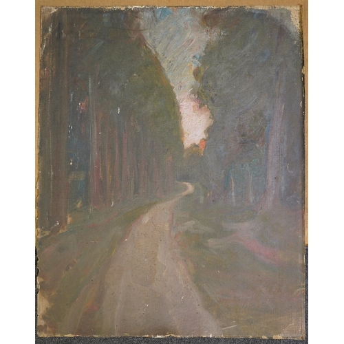 95 - Albert de Belleroche (English, 1864-1944) Wooded path at sunset and Forest at night (3)oil on canvas... 