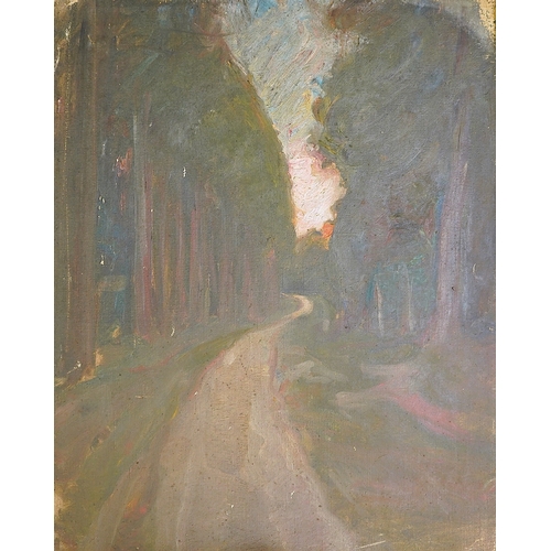 95 - Albert de Belleroche (English, 1864-1944) Wooded path at sunset and Forest at night (3)oil on canvas... 