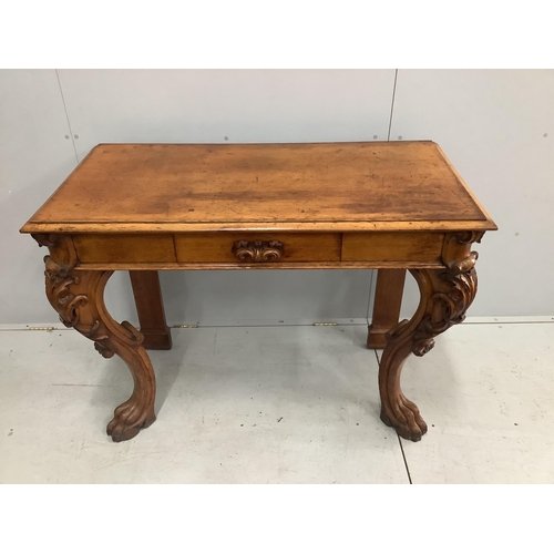 1001 - A Victorian golden oak serving table with frieze drawer, width 125cm, height 92cm. Condition - fair ... 