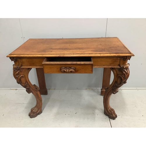 1001 - A Victorian golden oak serving table with frieze drawer, width 125cm, height 92cm. Condition - fair ... 