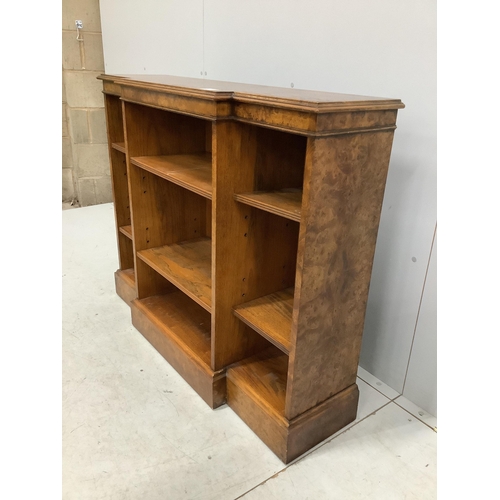 1012 - A Regency style banded burr elm dwarf breakfront bookcase, width 112cm, depth 32cm, height 91cm. Con... 