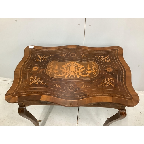 1025 - A 19th century Italian marquetry inlaid walnut serpentine side table, fitted drawer, width 88cm, dep... 