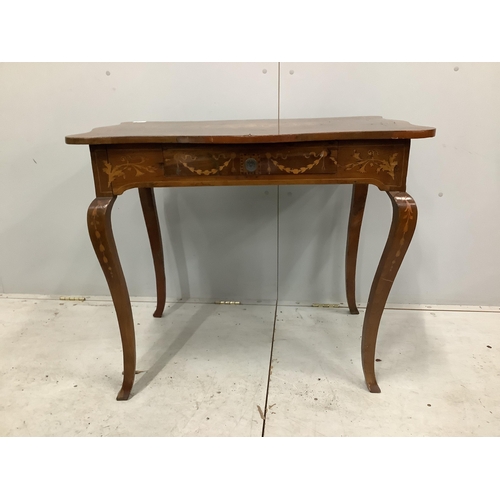 1025 - A 19th century Italian marquetry inlaid walnut serpentine side table, fitted drawer, width 88cm, dep... 