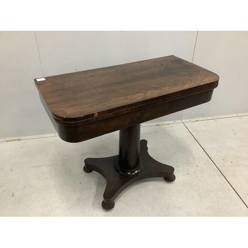 1027 - An early Victorian rosewood folding card table, width 91cm, depth 46cm, height 74cm. Condition - poo... 