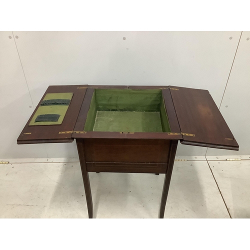 1032 - An Edwardian inlaid mahogany work table, width 45cm, depth 46cm, height 72cm. Condition - poor to fa... 