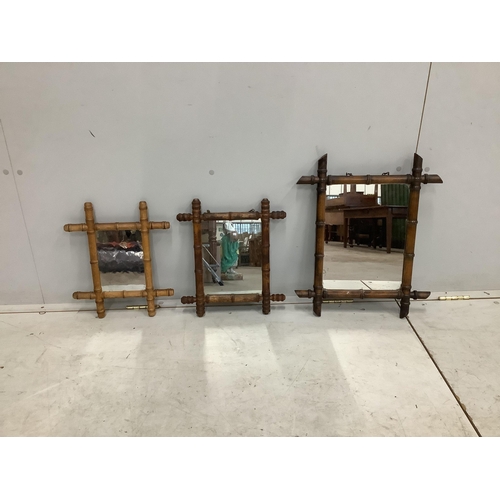 1041 - Three early 20th century French rectangular faux bamboo wall mirrors, largest width 42cm, height 53c... 