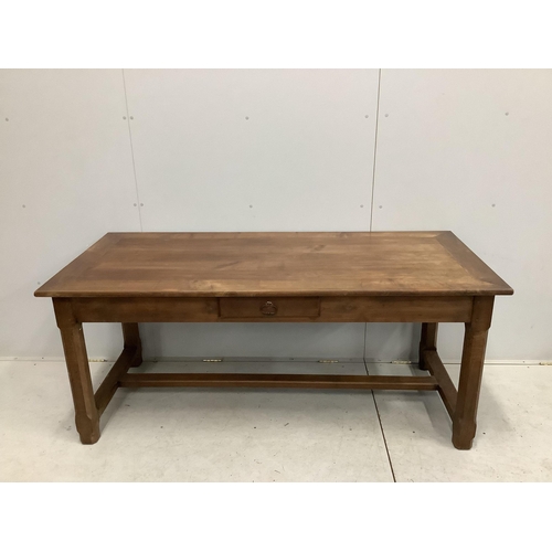 1043 - A rectangular French cherry kitchen table, width 179cm, depth 79cm, height 76cm. Condition - fair to... 