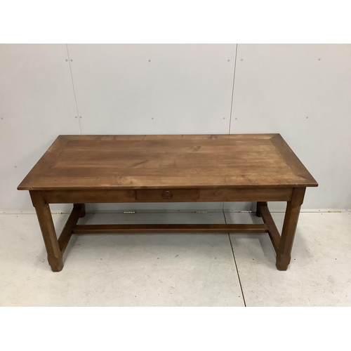 1043 - A rectangular French cherry kitchen table, width 179cm, depth 79cm, height 76cm. Condition - fair to... 