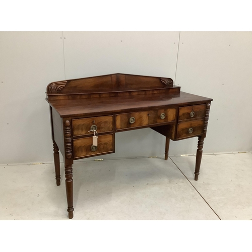 1048 - A Regency mahogany sideboard, width 126cm, depth 58cm, height 103cm. Condition - fair but missing tw... 