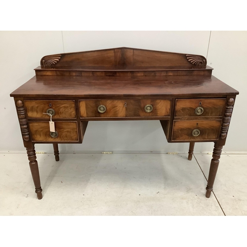 1048 - A Regency mahogany sideboard, width 126cm, depth 58cm, height 103cm. Condition - fair but missing tw... 