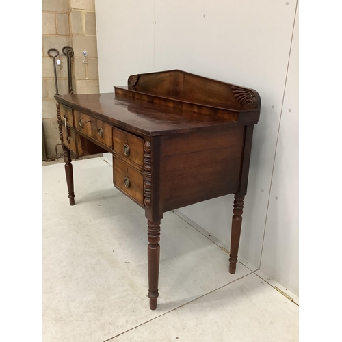 1048 - A Regency mahogany sideboard, width 126cm, depth 58cm, height 103cm. Condition - fair but missing tw... 