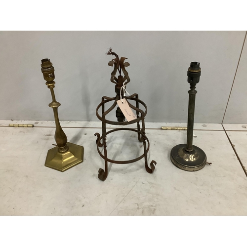 1052 - A wrought iron lantern and two candlestick table lamps, largest height 38cm. Condition - poor to fai... 