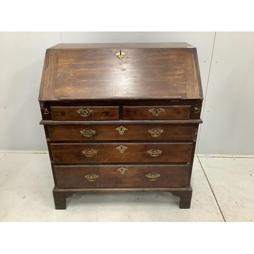 1053 - A George III mahogany bureau, width 96cm, depth 56cm, height 106cm. Condition - poor to fair, top wi... 