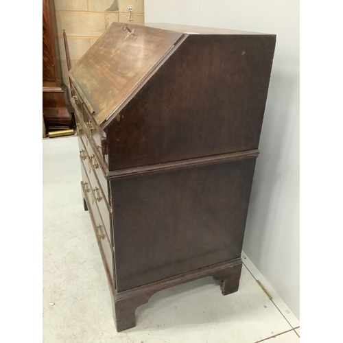 1053 - A George III mahogany bureau, width 96cm, depth 56cm, height 106cm. Condition - poor to fair, top wi... 