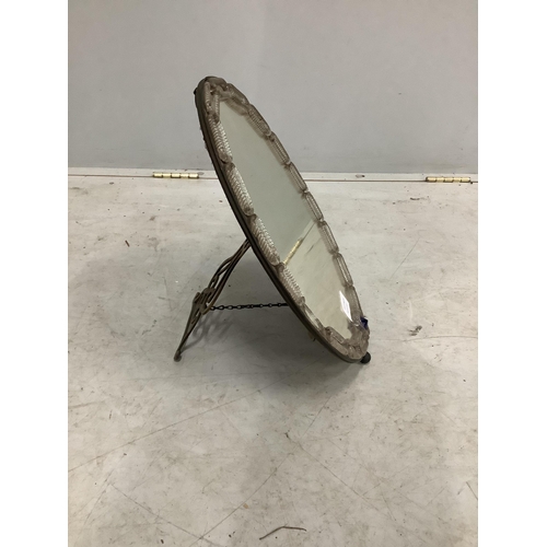 1055 - A 19th century Venetian oval strut dressing table mirror, width 32cm, height 42cm. Condition - fair ... 